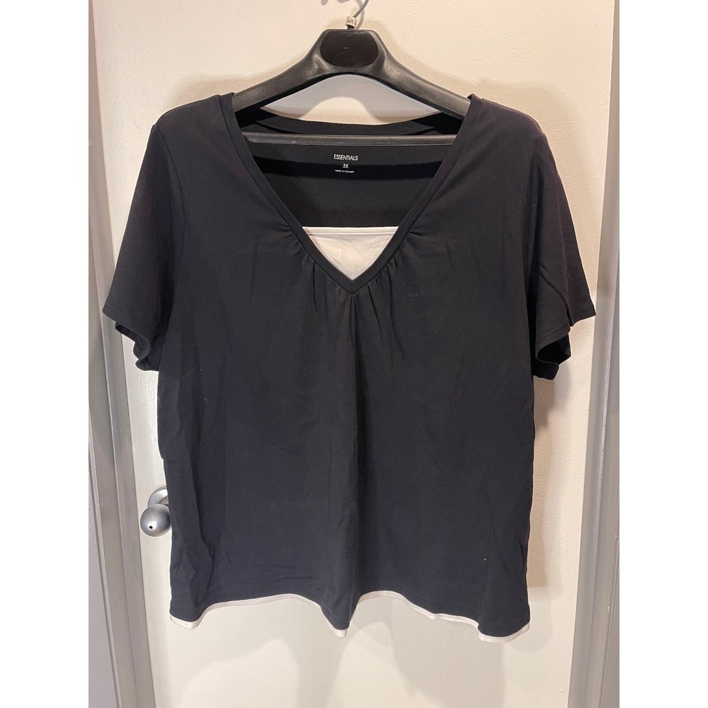 Essentials Womens 3X Black White Layered Look V-Neck Short Sleeve Top Tee